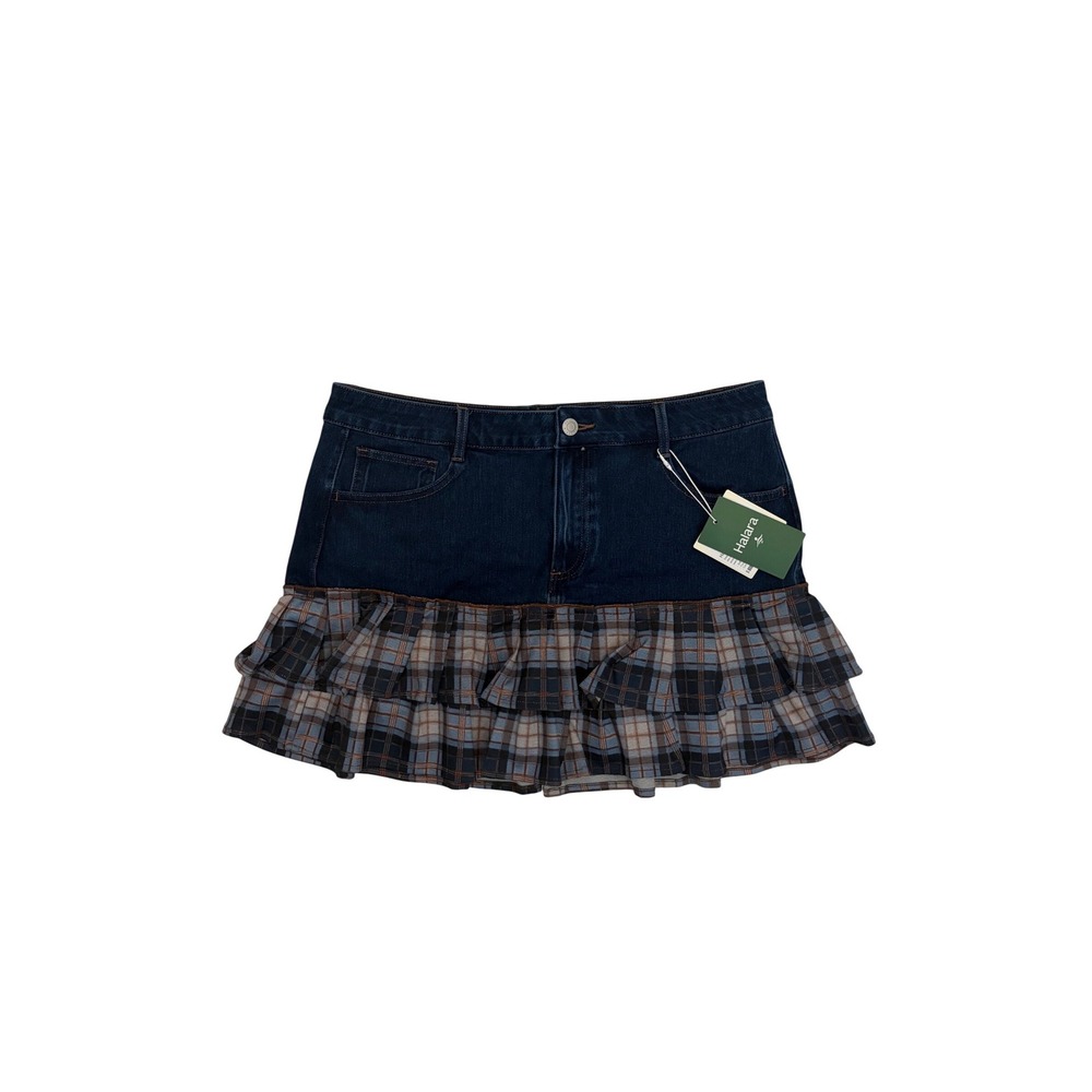 Halara Denim Plaid Tiered Ruffle Mini Skirt Dark Wash Blue Large NWT